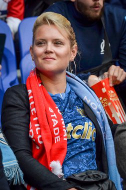 Lyon, Fransa - 16 Mayıs, 2018: Atletico Madrid taraftarları final Uefa Avrupa Ligi sırasında takım maç arada Atletico Madrid vs Groupama Stadyumu, Fransa Olimpik Marsilya standları destek