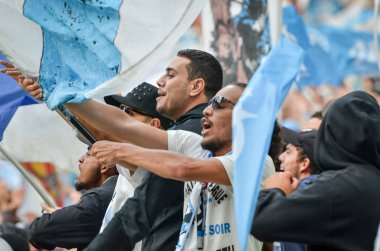 Lyon, Fransa - 16 Mayıs, 2018: Olimpik Marsilya hayranları takım sırasında final Uefa Avrupa Ligi maç arada Atletico Madrid vs Groupama Stadyumu, Fransa Olimpik Marsilya standları destek