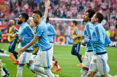 Lyon, Fransa - 16 Mayıs, 2018: futbol oyuncu Olimpik Marsilya eğitim daha önce final Uefa Avrupa Ligi maç Atletico Madrid vs arasında Olimpik Marsilya Groupama Stadyumu, Fransa