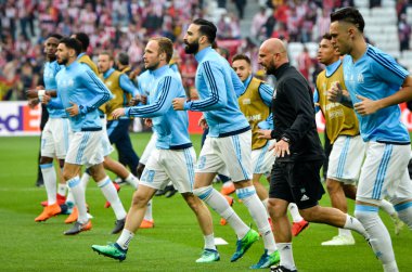 Lyon, Fransa - 16 Mayıs, 2018: futbol oyuncu Olimpik Marsilya eğitim daha önce final Uefa Avrupa Ligi maç Atletico Madrid vs arasında Olimpik Marsilya Groupama Stadyumu, Fransa