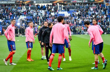 Lyon, Fransa - 16 Mayıs, 2018: eğitim futbolcular final Uefa Avrupa Ligi önce Atletico Madrid Maç Groupama Stadyumu, Fransa