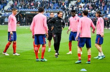 Lyon, Fransa - 16 Mayıs, 2018: eğitim futbolcular final Uefa Avrupa Ligi önce Atletico Madrid Maç Groupama Stadyumu, Fransa