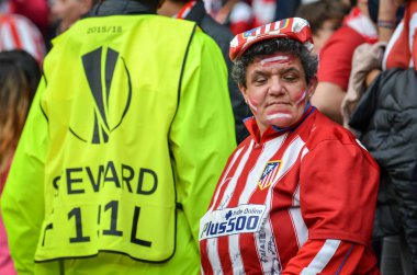 Lyon, Fransa - 16 Mayıs, 2018: Atletico Madrid taraftarları final Uefa Avrupa Ligi sırasında takım maç arada Atletico Madrid vs Groupama Stadyumu, Fransa Olimpik Marsilya standları destek
