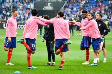 Lyon, Fransa - 16 Mayıs, 2018: Atletico Madrid taraftarları final Uefa Avrupa Ligi sırasında takım maç arada Atletico Madrid vs Groupama Stadyumu, Fransa Olimpik Marsilya standları destek