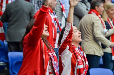 Lyon, Fransa - 16 Mayıs, 2018: Atletico Madrid taraftarları final Uefa Avrupa Ligi sırasında takım maç arada Atletico Madrid vs Groupama Stadyumu, Fransa Olimpik Marsilya standları destek