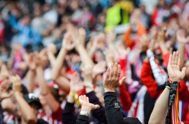 Lyon, Fransa - 16 Mayıs, 2018: Atletico Madrid taraftarları final Uefa Avrupa Ligi sırasında takım maç arada Atletico Madrid vs Groupama Stadyumu, Fransa Olimpik Marsilya standları destek