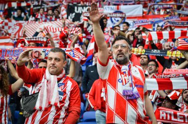 Lyon, Fransa - 16 Mayıs, 2018: Atletico Madrid taraftarları final Uefa Avrupa Ligi sırasında takım maç arada Atletico Madrid vs Groupama Stadyumu, Fransa Olimpik Marsilya standları destek