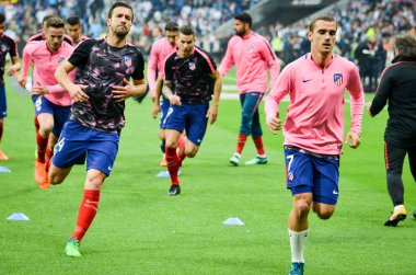 Lyon, Fransa - 16 Mayıs, 2018: eğitim futbolcular final Uefa Avrupa Ligi önce Atletico Madrid Maç Groupama Stadyumu, Fransa