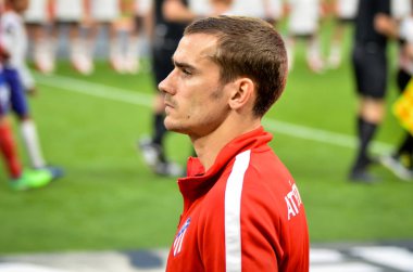 Lyon, Fransa - 16 Mayıs, 2018: Antoine Griezmann arada Atletico Madrid vs Olimpik Marsilya Groupama Stadyumu, Fransa final Uefa Avrupa Ligi maçı sırasında