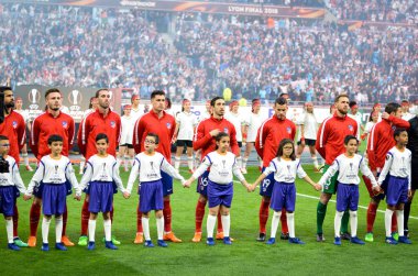Lyon, Fransa - 16 Mayıs, 2018: Atletico Madrid futbol oyuncusu Atletico Madrid vs Groupama Stadyumu, Fransa Olimpik Marsilya arasında final Uefa Avrupa Ligi maçı sırasında