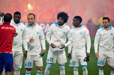 Lyon, Fransa - 16 Mayıs, 2018: Olimpik Marsilya futbolcu Atletico Madrid vs Groupama Stadyumu, Fransa Olimpik Marsilya arasında final Uefa Avrupa Ligi maçı sırasında