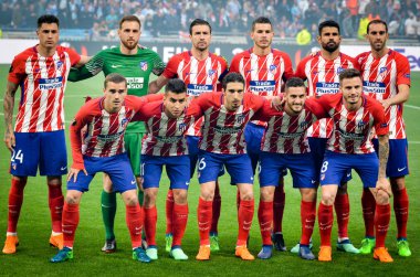 Lyon, Fransa - 16 Mayıs, 2018: Atletico Madrid oyuncuları Groupama Stadyumu'nda Fransa Olimpik Marsilya karşı final Uefa Avrupa Ligi maçı sırasında genel takım fotoğraf