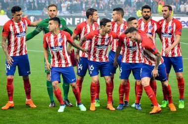 Lyon, Fransa - 16 Mayıs, 2018: Atletico Madrid oyuncuları Groupama Stadyumu'nda Fransa Olimpik Marsilya karşı final Uefa Avrupa Ligi maçı sırasında genel takım fotoğraf