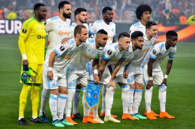 Lyon, Fransa - 16 Mayıs, 2018: genel takım grup fotoğrafı Olympique Marseille final Uefa Avrupa Ligi önce oyuncuların maç Groupama Stadyumu, Fransa