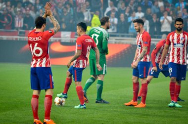 Lyon, Fransa - 16 Mayıs, 2018: futbolcu Atletico Madrid vs Groupama Stadyumu, Fransa Olimpik Marsilya arasında final Uefa Avrupa Ligi maçı sırasında