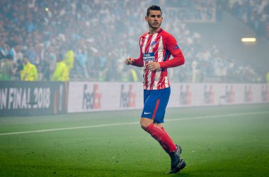 Lyon, Fransa - 16 Mayıs, 2018: Lucas Hernandez Atletico Madrid vs Groupama Stadyumu, Fransa Olimpik Marsilya arasında final Uefa Avrupa Ligi maçı sırasında