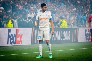 Lyon, Fransa - 16 Mayıs, 2018: Florian Thauvin arada Atletico Madrid vs Olimpik Marsilya Groupama Stadyumu, Fransa final Uefa Avrupa Ligi maçı sırasında