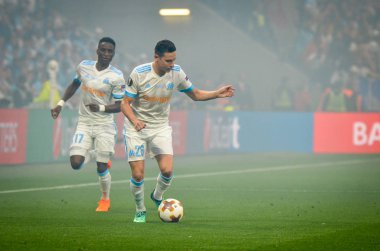 Lyon, Fransa - 16 Mayıs, 2018: Florian Thauvin arada Atletico Madrid vs Olimpik Marsilya Groupama Stadyumu, Fransa final Uefa Avrupa Ligi maçı sırasında