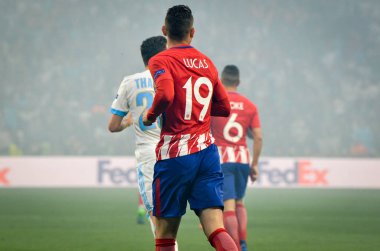 Lyon, Fransa - 16 Mayıs, 2018: Jose Gimenez Atletico Madrid vs Groupama Stadyumu, Fransa Olimpik Marsilya arasında final Uefa Avrupa Ligi maçı sırasında