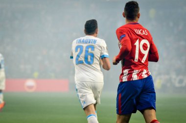 Lyon, Fransa - 16 Mayıs, 2018: Jose Gimenez Atletico Madrid vs Groupama Stadyumu, Fransa Olimpik Marsilya arasında final Uefa Avrupa Ligi maçı sırasında