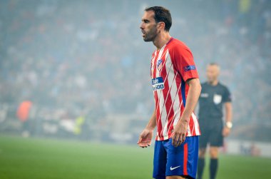 Lyon, Fransa - 16 Mayıs, 2018: Diego Godin Atletico Madrid vs Groupama Stadyumu, Fransa Olimpik Marsilya arasında final Uefa Avrupa Ligi maçı sırasında