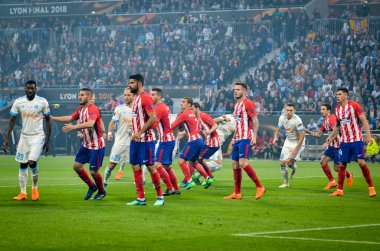 Lyon, Fransa - 16 Mayıs, 2018: futbolcu Atletico Madrid vs Groupama Stadyumu, Fransa Olimpik Marsilya arasında final Uefa Avrupa Ligi maçı sırasında