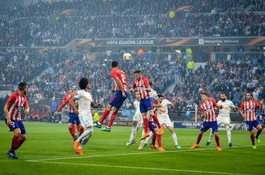 Lyon, Fransa - 16 Mayıs, 2018: futbolcu Atletico Madrid vs Groupama Stadyumu, Fransa Olimpik Marsilya arasında final Uefa Avrupa Ligi maçı sırasında
