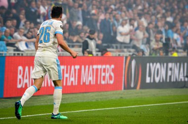 Lyon, Fransa - 16 Mayıs, 2018: Florian Thauvin arada Atletico Madrid vs Olimpik Marsilya Groupama Stadyumu, Fransa final Uefa Avrupa Ligi maçı sırasında
