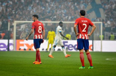 Lyon, Fransa - 16 Mayıs, 2018: Diego Godin Atletico Madrid vs Groupama Stadyumu, Fransa Olimpik Marsilya arasında final Uefa Avrupa Ligi maçı sırasında