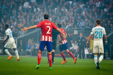 Lyon, Fransa - 16 Mayıs, 2018: Diego Godin (L) arada Atletico Madrid vs Olimpik Marsilya Groupama Stadyumu, Fransa final Uefa Avrupa Ligi maçı sırasında