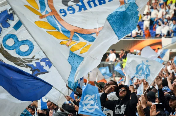 Lyon Francia Maggio 2018 Tifosi Olimpici Marsiglia Tribuna Sostengono Squadra — Foto Stock