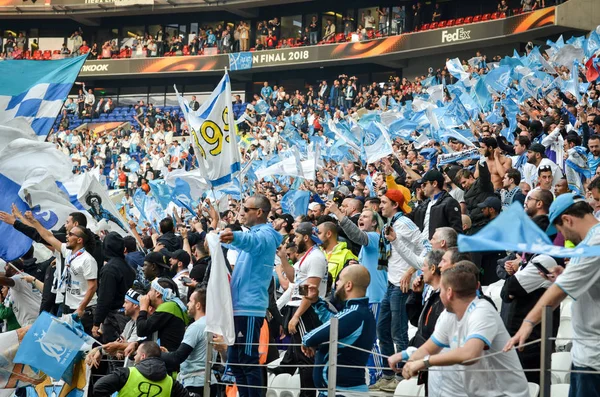 Lyon Francia Maggio 2018 Tifosi Olimpici Marsiglia Tribuna Sostengono Squadra — Foto Stock