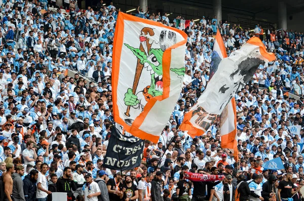 Lyon Frankrike Maj 2018 Olympic Marseille Fans Står Stöd Laget — Stockfoto