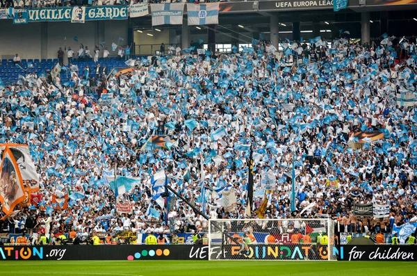 Lyon Francia Maggio 2018 Tifosi Olimpici Marsiglia Tribuna Sostengono Squadra — Foto Stock