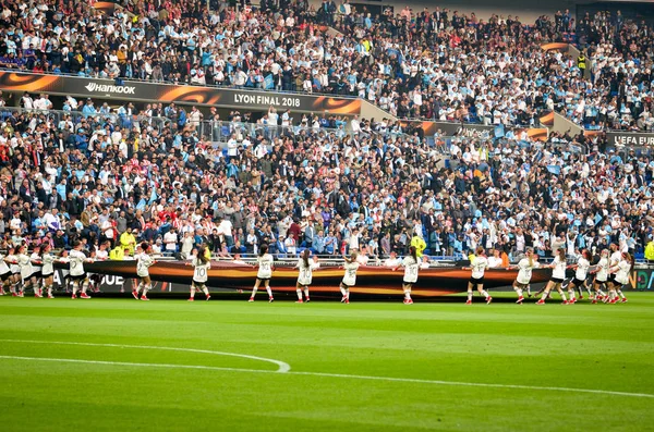 Lyon Frankrike Maj 2018 Olympic Marseille Fans Står Stöd Laget — Stockfoto