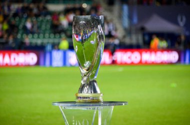 Tallinn, Estonya - 15 Ağustos, 2018: Uefa Süper Kupası Kupa Atletico Madrid vs Real Madrid, Estonya arasında final 2018 Uefa Süper Kupası maçı sırasında kapatın