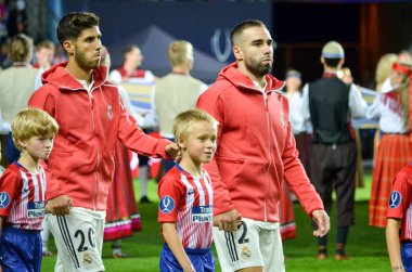 Tallinn, Estonya - 15 Ağustos, 2018: Daniel Carvajal ve Marco Asensio sırasında son 2018 Uefa Süper Kupası maç arada Atletico Madrid vs Real Madrid A. Le Coq Arena Stadyumu, Estonya