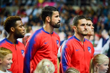 Tallinn, Estonya - 15 Ağustos, 2018: Diego Costa final sırasında 2018 Uefa Süper Kupası maç arada Atletico Madrid vs Real Madrid A. Le Coq Arena Stadyumu, Estonya
