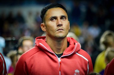 Tallinn, Estonya - 15 Ağustos, 2018: 2018 Uefa Süper Kupası Finali sırasında Keylor Navas maç arada Atletico Madrid vs Real Madrid A. Le Coq Arena Stadyumu, Estonya