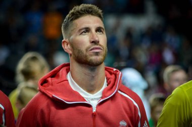 Tallinn, Estonya - 15 Ağustos, 2018: Sergio Ramos final sırasında 2018 Uefa Süper Kupası maç arada Atletico Madrid vs Real Madrid A. Le Coq Arena Stadyumu, Estonya