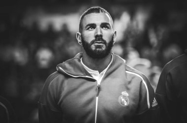 Tallinn, Estonya - 15 Ağustos, 2018: Karim Benzema final sırasında 2018 Uefa Süper Kupası maç arada Atletico Madrid vs Real Madrid A. Le Coq Arena Stadyumu, Estonya