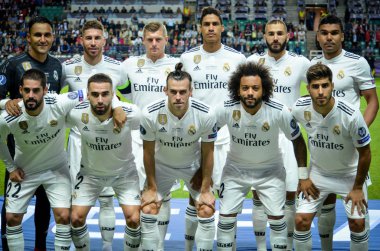 Tallinn, Estonya - 15 Ağustos, 2018: Real Madrid Atletico Madrid vs Real Madrid A. Le Coq Arena Stadyumu, Estonya arasında final 2018 Uefa Süper Kupası maçı sırasında genel takım fotoğrafı
