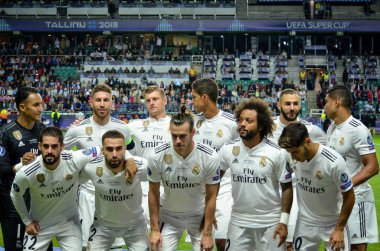 Tallinn, Estonya - 15 Ağustos, 2018: Real Madrid Atletico Madrid vs Real Madrid A. Le Coq Arena Stadyumu, Estonya arasında final 2018 Uefa Süper Kupası maçı sırasında genel takım fotoğrafı