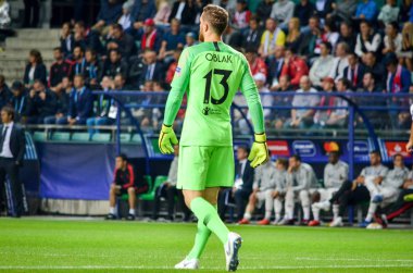 Tallinn, Estonya - 15 Ağustos, 2018: Jan Oblak final sırasında 2018 Uefa Süper Kupası maç arada Atletico Madrid vs Real Madrid A. Le Coq Arena Stadyumu, Estonya