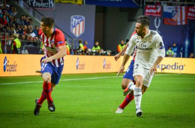 Tallinn, Estonya - 15 Ağustos, 2018: Daniel Carvajal (R) ve son 2018 Uefa Süper Kupası sırasında Lucas Hernandez maç arada Atletico Madrid vs Real Madrid A. Le Coq Arena Stadyumu, Estonya