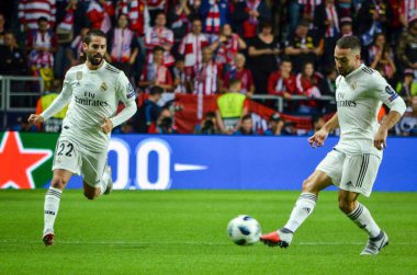 Tallinn, Estonya - 15 Ağustos, 2018: 2018 Uefa Süper Kupası Finali sırasında Daniel Carvajal (R) Maç arada Atletico Madrid vs Real Madrid A. Le Coq Arena Stadyumu, Estonya