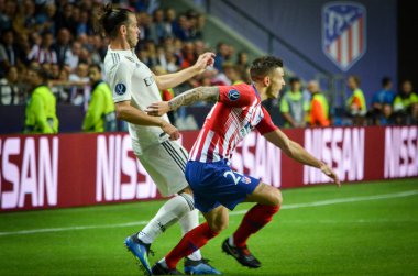 Tallinn, Estonya - 15 Ağustos, 2018: Gareth Bale (L) final sırasında 2018 Uefa Süper Kupası maç arada Atletico Madrid vs Real Madrid A. Le Coq Arena Stadyumu, Estonya