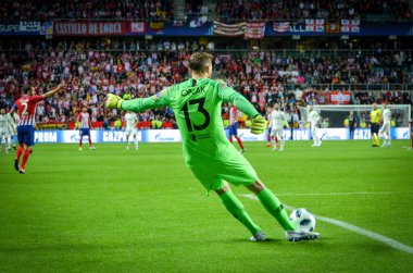 Tallinn, Estonya - 15 Ağustos, 2018: Jan Oblak final sırasında 2018 Uefa Süper Kupası maç arada Atletico Madrid vs Real Madrid A. Le Coq Arena Stadyumu, Estonya