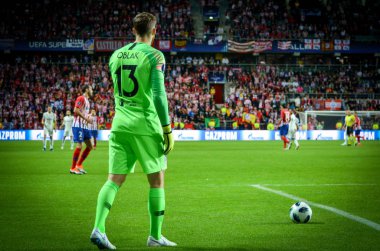Tallinn, Estonya - 15 Ağustos, 2018: Jan Oblak final sırasında 2018 Uefa Süper Kupası maç arada Atletico Madrid vs Real Madrid A. Le Coq Arena Stadyumu, Estonya