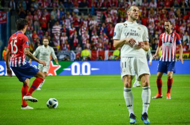 Tallinn, Estonya - 15 Ağustos, 2018: Stefan Savic (L) final sırasında 2018 Uefa Süper Kupası maç arada Atletico Madrid vs Real Madrid A. Le Coq Arena Stadyumu, Estonya